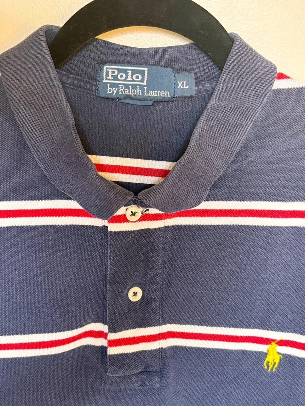 Men’s Polo by Ralph Lauren Navy Polo with White and Red Stripes size XL
